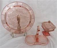 PINK DEPRESSION GLASS CAKE PLATTER*CANDY DISH*MORE