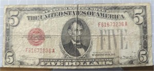 1928 red seal $5 bank note
