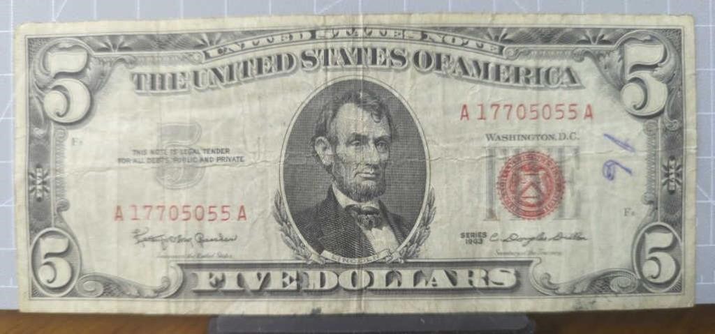 1963 red seal $5 bank note