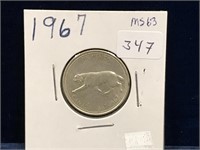 1967 Canadian Silver 25 Cent Piece  MS63