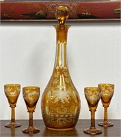 Etched Amber Bohemian Crystal Cordial Set