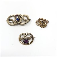 3 Victorian Brooches Pins w/ Gems Amethyst