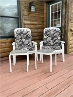 pair of plastic lawn chairs and tables