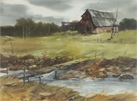 James Fallier Watercolor Painting Creek & Barn