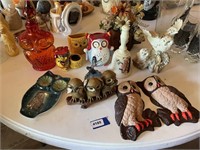 lot of owl decor, figuires, bell,tray,decanter,etc