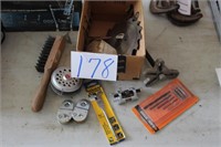 MISC LOT, FLY REEL, WIRE BRUSH, NEW DRILL BITS