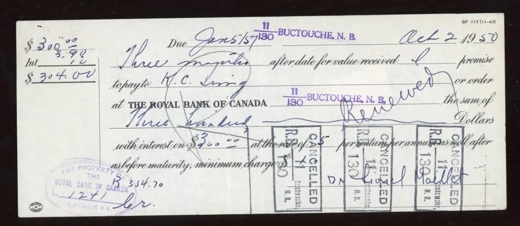 1950 Buctouche NB KC Irving Promissory Note