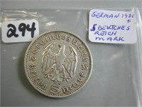 German 1935F Five Deutches Reichmark Coin