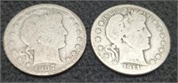 1907-S & 1911-S Barber Half Dollars, VG