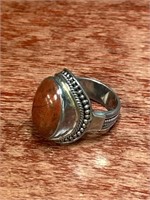 Dark Coral Stone Sterling .925 Silver Ring Size 9