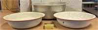 2 white enamel bowls, 1 metal bowl & Kerr Lids