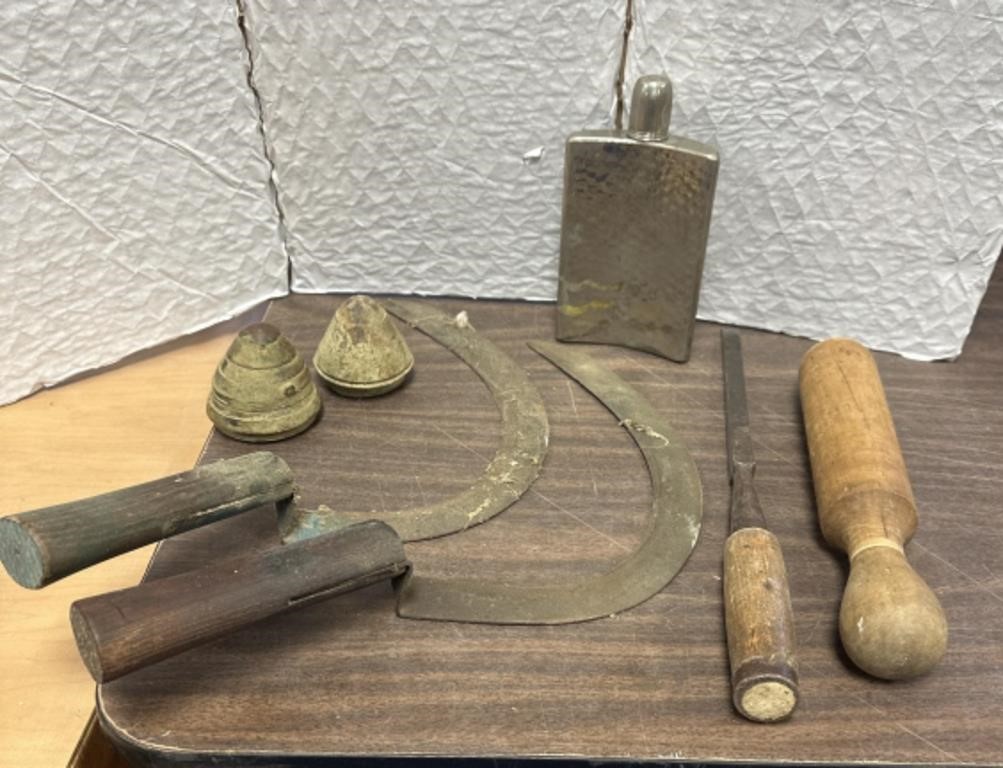 Miscellaneous lot of vintage tools, flask /NO SHIP