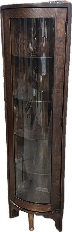 Antique Bow-Front Oak Corner Curio Cabinet.