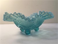 TEAL OPALESCENT RUFFLED FOOTED GLASS BOWL