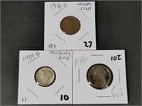 1939 Mercury Dime, 1916 Wheat Cent Penny