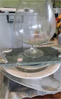 EXTRA LARGE BRANDY SNIFTER, METAL TRAYS, FISH BOAR