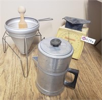 CANNING SIEVE, SCALE & COFFEE POT