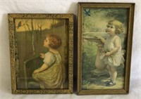 2 Antique Childs Prints "My Bluebird" Wood Frame