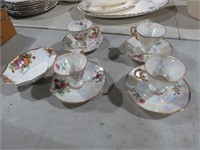 HAND PAINTED CUPS, SAUCERS, RELISH DISH