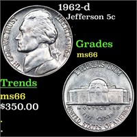 1962-d Jefferson Nickel 5c Grades GEM+ Unc