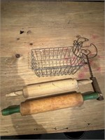 2 rolling pins, rug beater and small wire basket