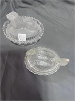 Glass Hen on Anest & Glass Lion Dish