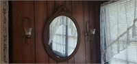 Vtg. Oval Wooden Frame Mirror & Candle Holders