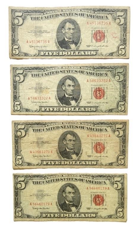 4 red seal five dollar bills