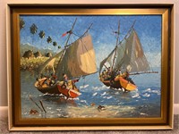 Original Haitian Oil Painting Boats, Signed