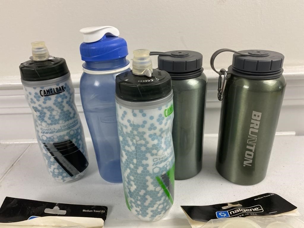 Assorted Travel water bottles and 3 travel kits