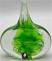Irish Green & Clear Art Glass Flat Bottle Vase