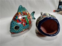 2 pottery hand painted fish