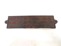 Manley Wrecking Crane cast machine sign