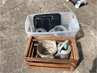 Vintage pans; crate and buckets