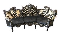 Zebra Hide and Leather Ornately Carved Curved Sofa