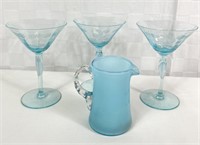 Frosted Blue Glass Pitcher and Blue Stemware