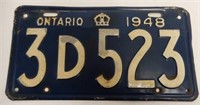 1948 ONTARIO SINGLE EMBOSSED TIN LICENSE PLATE