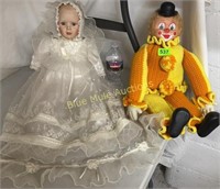 Doll in christening dress & clown in crocheted