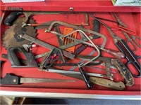 Various handsaws, lg cutters, tools