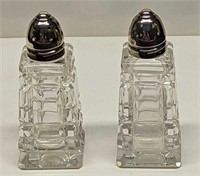 Glass Salt & Pepper Shakers W Sterling Silver Tops