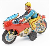 Vtg OMI Tin Litho Man On Motorcycle Friction Toy