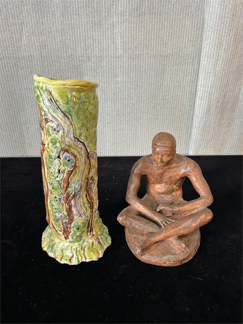 2pc Pottery: Green Tree Vase, Man Sculpture