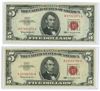 2 Nice $5 U.S. Notes - Red Seals, 1963 Series