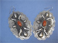 S.S. Vtg. N/A Red Coral Repoussed Earrings See