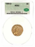 1909-D US INDIAN HEAD $5 GOLD COIN CAC MS63