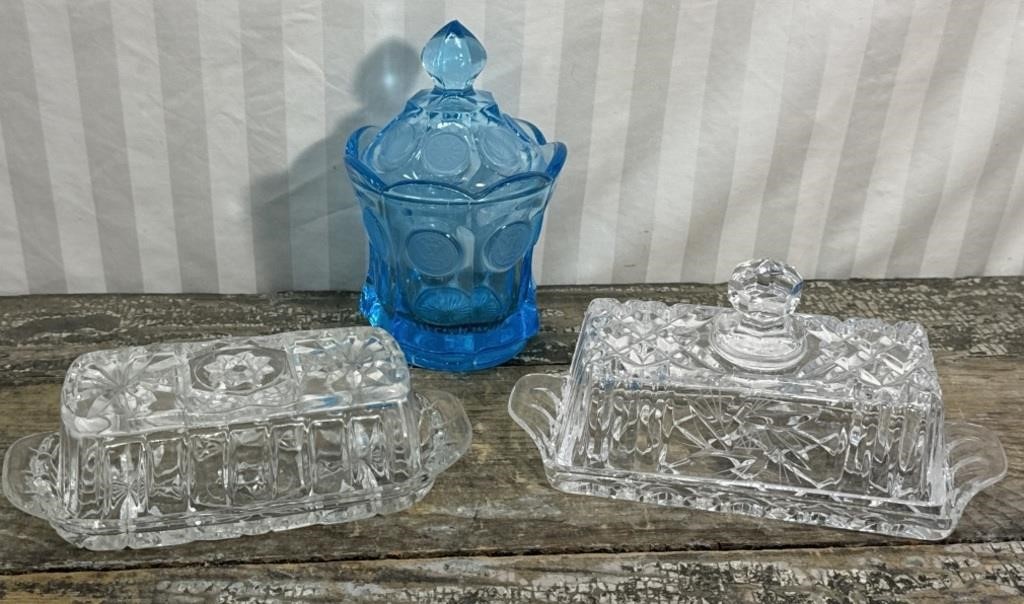 Vintage Fostoria ice blue coin covered dish and