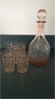 Pink Depression Glass Decanter and 5 Glass Set
