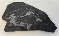 NICE SIGNED WANDA BENNET CARVED STONE ORCA PLAQUE