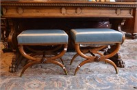 PAIR OF FRUITWOOD X-FORM FOOT STOOLS