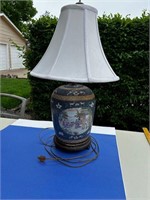 27" Blue Ceramic Based Lamp w/Oriental Village Pic